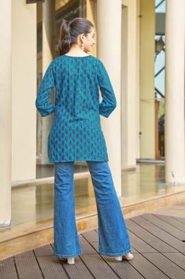 Urban Short Kurti Sky Blue Trendy Printed for Daily Wear Comfort & Smart Look