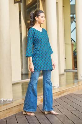 Urban Short Kurti Sky Blue Trendy Printed for Daily Wear Comfort & Smart Look