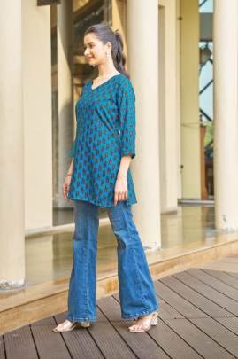 Urban Short Kurti Sky Blue Trendy Printed for Daily Wear Comfort & Smart Look