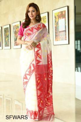 White And Red Special Soft Lilan Slab Attractie Charmfull Saree