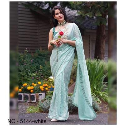 White Beautiful Double Run Border To Border Sequance Embroidery Saree NC - 5144 