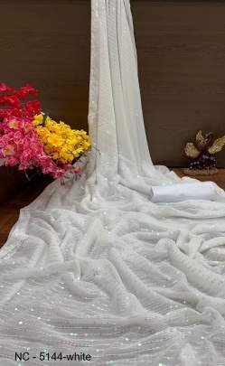 White Beautiful Double Run Border To Border Sequance Embroidery Saree NC - 5144