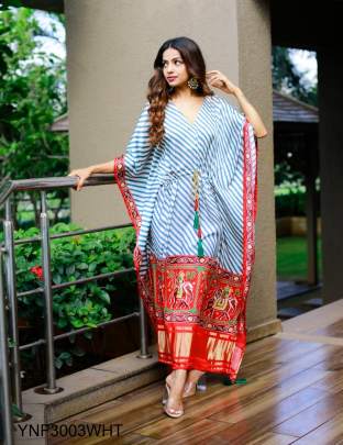 White Kaftan Dress Design With Digital Print On Pure Gaji Silk YNF300