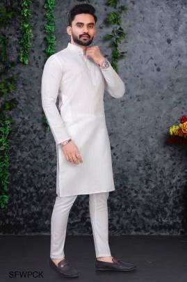 White Pure Cotton Kurta Payjama Slub Strip Fancy Fabric With Silver Weaving Lining