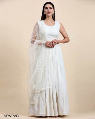 White Pure Viscose Georgette Fabric Sequin Embroidery With Handwork 
