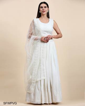 White Pure Viscose Georgette Fabric Sequin Embroidery With Handwork