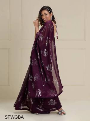 Wine Georgette Beautiful All Over Crochet Work And Sequence Work