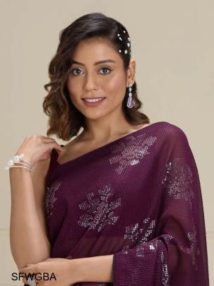 Wine Georgette Beautiful All Over Crochet Work And Sequence Work