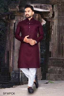 Wine Pure Cotton Kurta Payjama Slub Strip Fancy Fabric With Silver Weaving Lining 