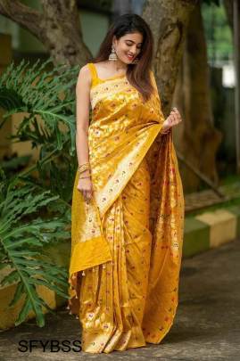 Yellow Banarasi Soft Silk Saree
