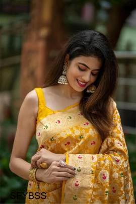 Yellow Banarasi Soft Silk Saree