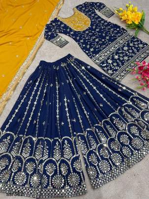 Yellow Blue Combination Designer Party Wear Look New Top-Plazzo and Dupatta SSR369
