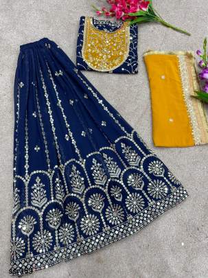 Yellow Blue Combination Designer Party Wear Look New Top-Plazzo and Dupatta SSR369