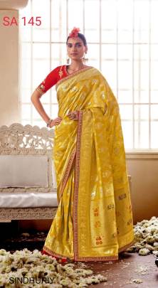 Yellow Color Kimora Sindhuri Meenakari Saree Catalog In Pure Dola Silk