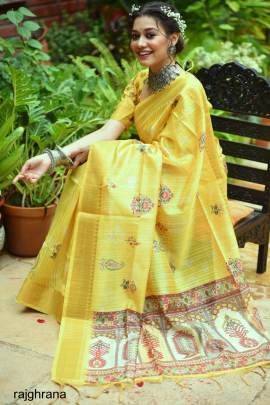 Yellow Color Tussar Silk Saree With Uunique Slub Weaving Pattern Catalog