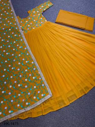 YELLOW FANCY EMBROIDERY WITH SEQUENCE WORK GOWN HK 1475