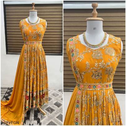 Yellow Faux Georgette New Naira Cut Gown