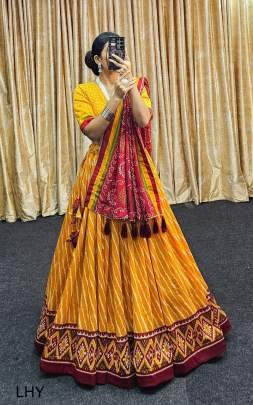 Yellow Light Leheriya  Print Tussar Silk Lehenga Choli