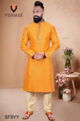Yellow Pinterest Kurta Pajama Heavy Jacquard Butti Silk