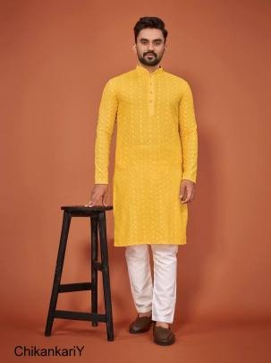 Yellow Prasang Luckhnowi Chikankari Men's Kurta Payjama