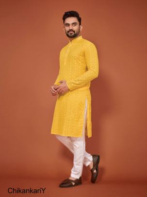Yellow Prasang Luckhnowi Chikankari Men's Kurta Payjama