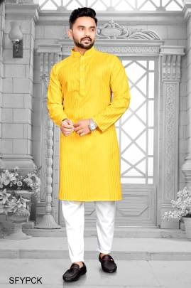Yellow Pure Cotton Kurta Payjama Slub Strip Fancy Fabric With Silver Weaving Lining 