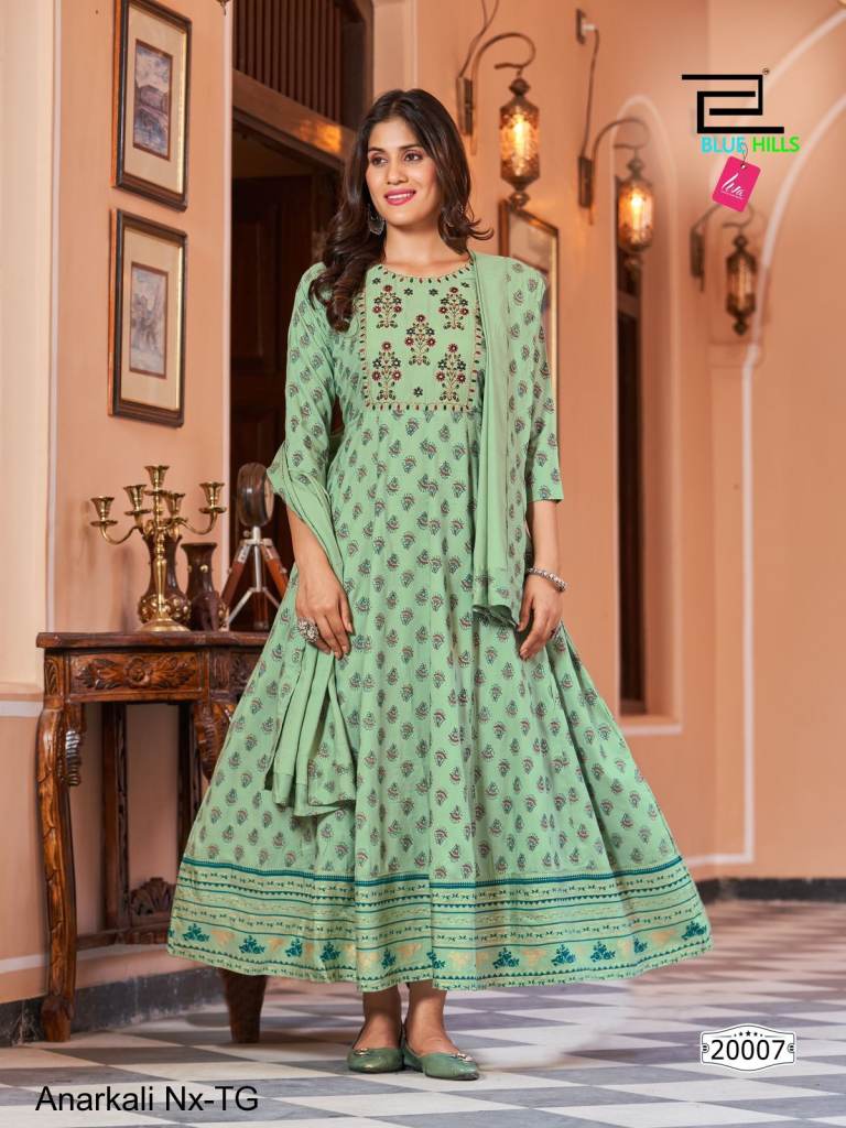 Lavangi Women's Pista Green Faux Georgette Anarkali Yoke Kurti